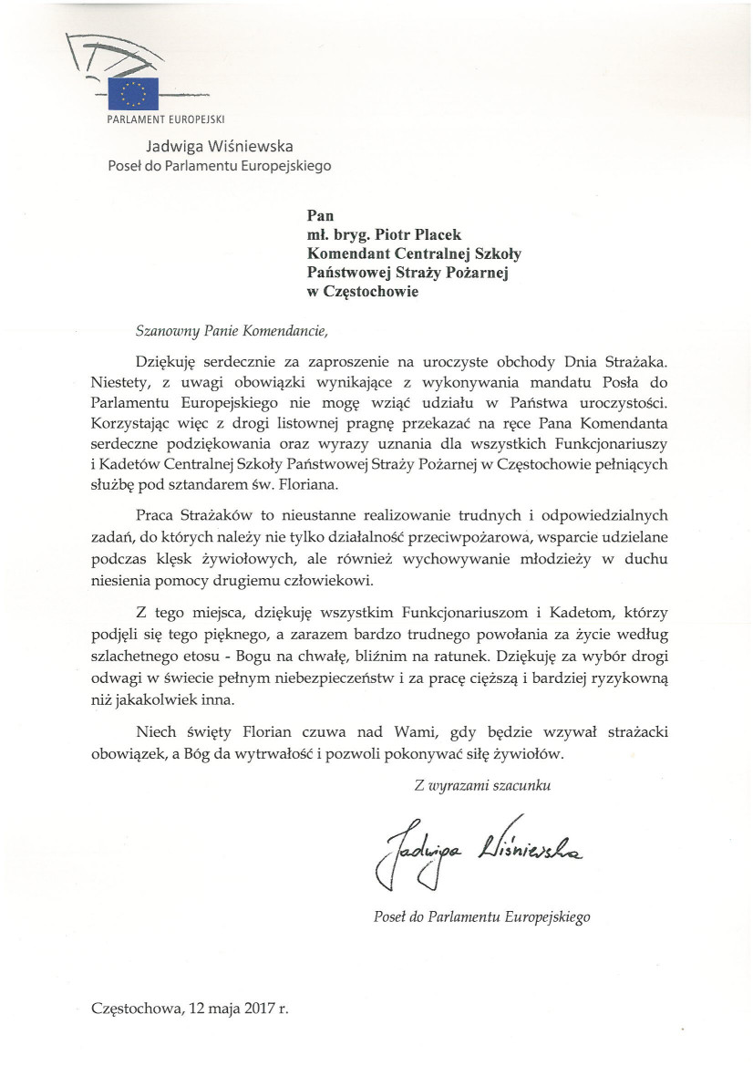 List Pani Europosłanki Jadwigi Wiśniewskiej z okazji obchodów Dnia Strażaka w Centralnej Szkole PSP